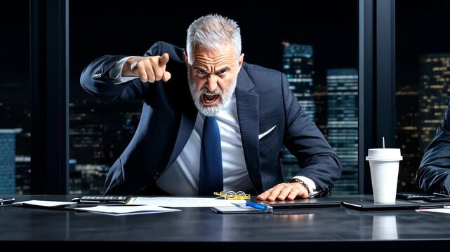 Furious CEO: A stern, mature executive, visibly angered, points accusingly, while seated at a conference room desk, conveying intensity and the weight of responsibility.
