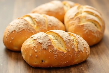 Freshly baked golden-brown crusty bread loaves are arranged on a wooden surface.
