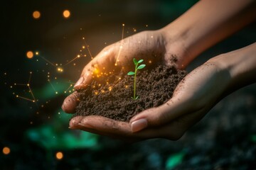Fototapeta premium Farmer's hands cradle dark, fertile soil where a small green sprout emerges, representing hope, growth, and the importance of sustainability in agriculture