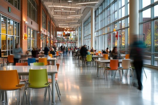 Busy cafeteria with people and colorful chairs