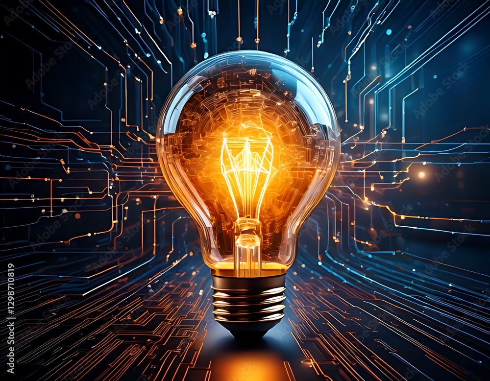 Poster glowing lightbulb sits on a complex circuit board.