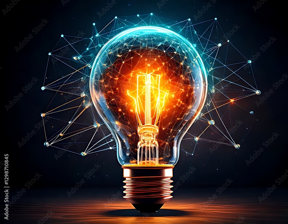 Poster glowing lightbulb surrounded by a network symbolizes innovative ideas and technological connections.