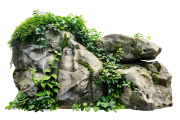 Rock Covered By Ivy On Isolated Black Background. Perfect For Compositing