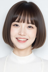 Fototapeta premium Female Asian Model with Short Hair - Young Beautiful Woman with Bob Haircut - Studio Portrait of Asian Beauty for Fashion, Cosmetic, Skincare - Posing on White Background - Smooth Hair