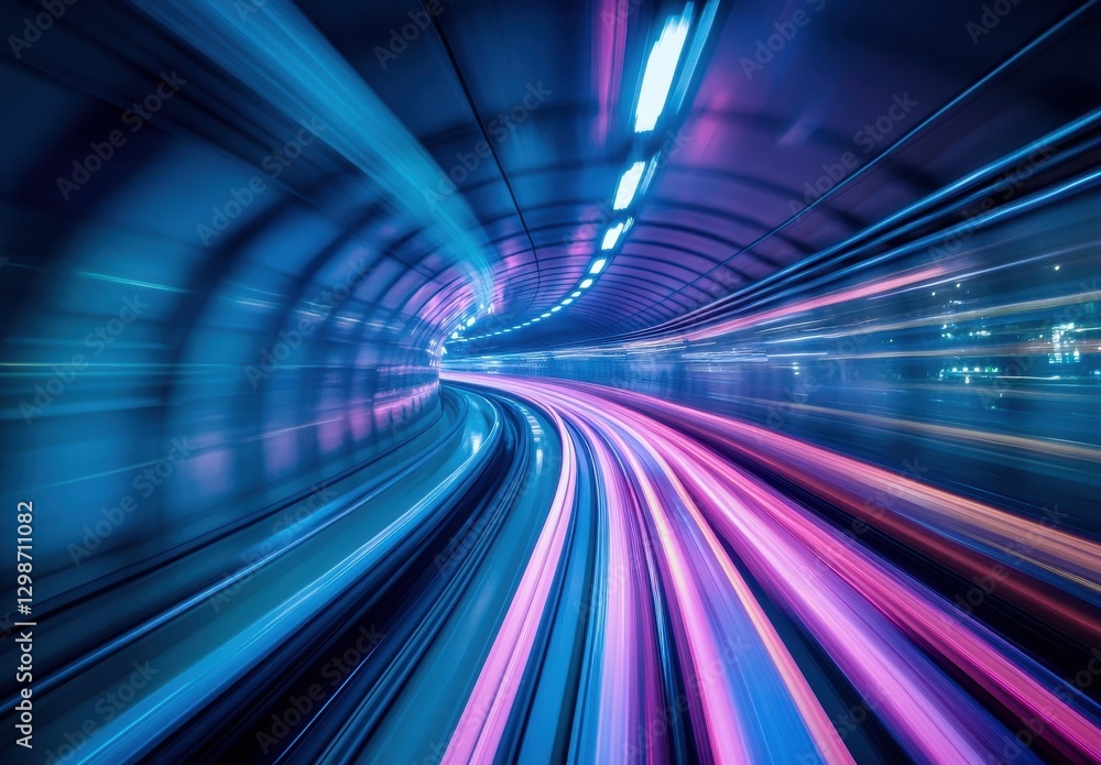 Poster dynamic light trails in a modern tunnel capturing a sense of motion and speed with vibrant colors an