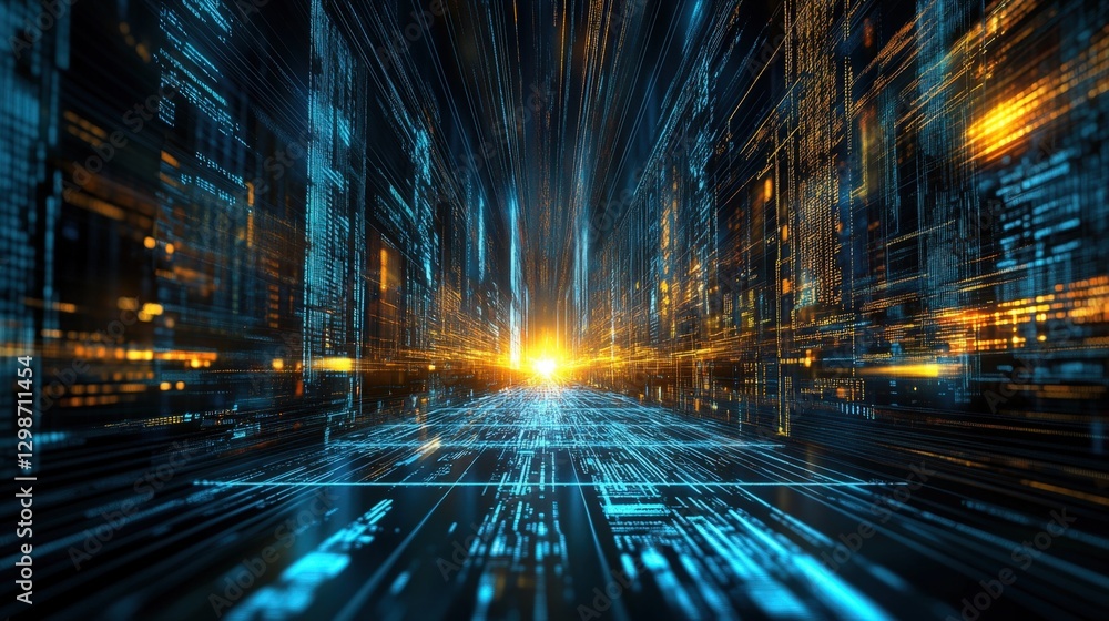 Poster abstract technology background with data streams and digital city