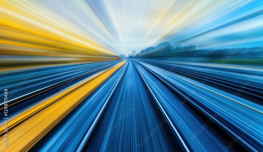Poster dynamic motion blur of train tracks with vibrant colors abstract background for transportation and t