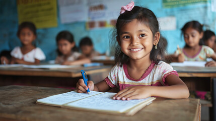 Smiling student writing in notebook at school in developing country
