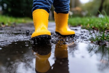 A captivating image of a child wearing yellow boots splashing joyfully in a puddle, embodying the essence of playful moments and the sheer delight of being outdoors on a rainy day.
