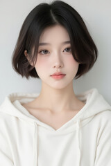 Fototapeta premium Female Asian Model with Short Hair - Young Beautiful Woman with Bob Haircut - Studio Portrait of Asian Beauty for Fashion, Cosmetic, Skincare - Posing on White Background - Smooth Hair