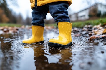 The image features a child standing in yellow boots, splashing in a puddle during a rainy day, perfectly capturing a moment of joy and adventurous spirit that defines childhood.
