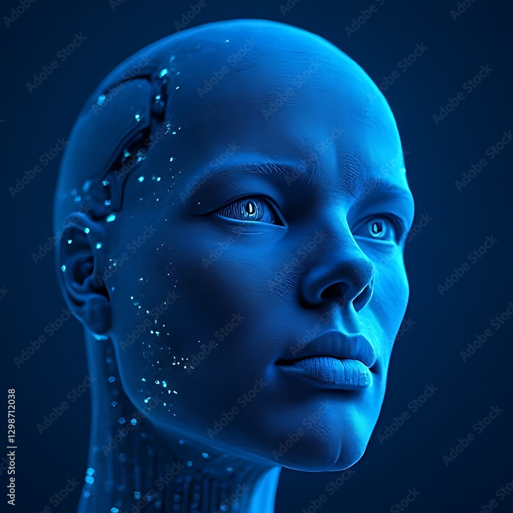 Poster luminous, blue rendering of a humanoid face conveys technology and artificial intelligence.
