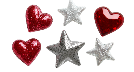 5 different crystal-red and silver heart-shaped stickers in the shape of stars on a transparent background.