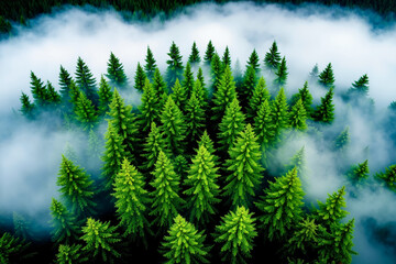 A forest filled with lots of green trees covered in fog