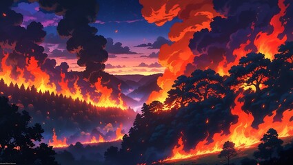 Fototapeta premium panoramic photo Intense and Realistic Fantasy Artwork of a Raging Forest Fire Sweeping Through the Wilderness at Dusk