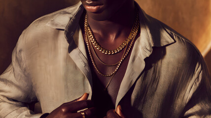 Elegant Man in Beige Shirt with Layered Gold Necklaces.  A stylish man wearing a beige linen shirt, unbuttoned to reveal his chest, adorned with three layered gold chain necklaces.