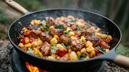 Campfire cooking savory stew simmering over flames in forest