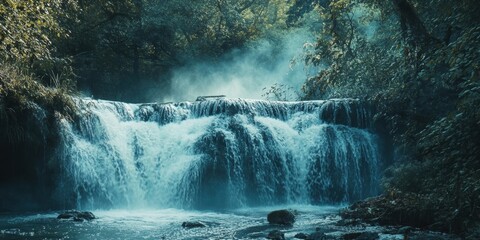 Cascading waterfall surrounded by lush greenery in a serene forest setting during daylight hours