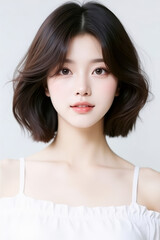 Female Asian Model with Short Hair - Young Beautiful Woman with Bob Haircut - Studio Portrait of Asian Beauty for Fashion, Cosmetic, Skincare - Posing on White Background - Smooth Hair