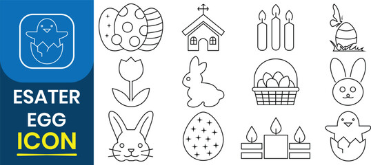 Easter day, egg icon set. Ornament of Easter eggs set. Easter day festival, rabbit, spring flowers, basket, logo, banner. Christianity celebration vector illustration.