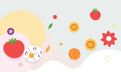 Playful Abstract Artwork Featuring Stylized Vegetables and Floral Motifs with Bright Colors and Curved Shapes on a Light Background