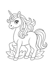 Fantasy Unicorn in a Magical Meadow – Whimsical Adult Coloring Page on White Background