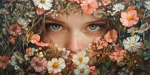 Close up of a young girl surrounded by colorful flowers with captivating green eyes in a lush floral setting