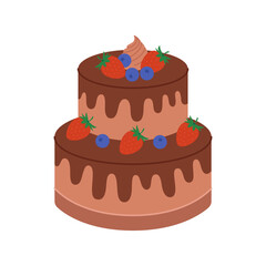 Chocolate two tier cake with strawberries, blueberries and cream. Dessert for birthday, anniversary. Sweet holiday baking for greeting card. Vector flat illustration isolated on white background