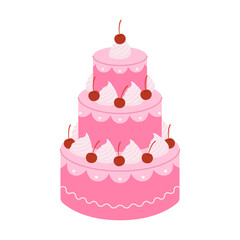 Pink three tier cake with cherries and cream. Dessert for birthday, anniversary, wedding. Sweet holiday baking for banner, poster, greeting card. Vector flat illustration isolated on white background