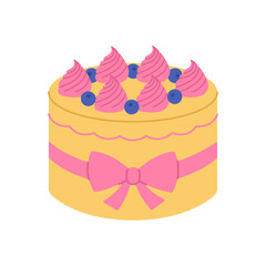 Yellow and pink cake with blueberries, cream and bow. Dessert for birthday, anniversary. Sweet holiday baking for banner, poster, greeting card. Vector flat illustration isolated on white background