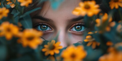 Close-up of young girl's face framed by vibrant yellow flowers in bright natural light outdoors