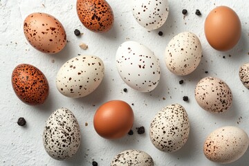 Obraz premium Eggs on white background, top view