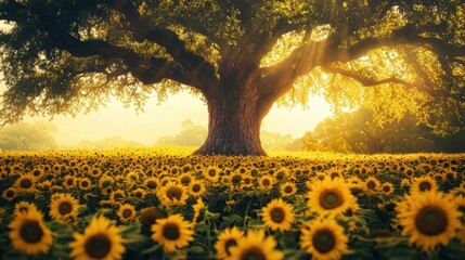 majestic oak tree in sunflower field at sunset