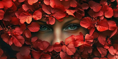 Woman partially hidden among vibrant red flowers capturing the essence of nature and beauty in a serene moment