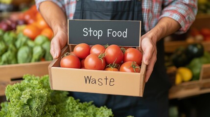 A person in a grocery store holds a box filled with fresh vegetables labeled "Stop Food Waste" promoting mindful shopping and sustainability awareness
