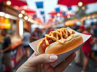 Close up of a hand holding a topped hot dog in a paper tray at a vibrant street food festiva