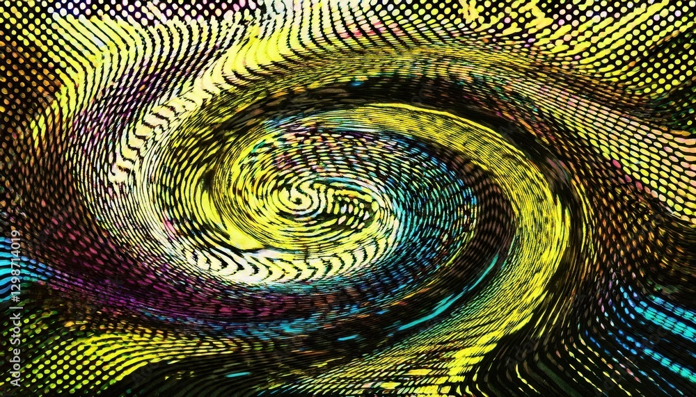Poster psychedelic digital swirl with halftone pattern and vibrant yellow waves, abstract fluid motion for futuristic design and art


