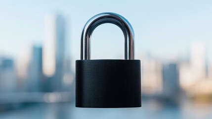Fototapeta premium Secure Future: Black Padlock Cityscape