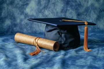 Graduation cap placed on a blue background.