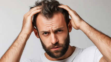 Worried man touching his hair experiencing hair loss