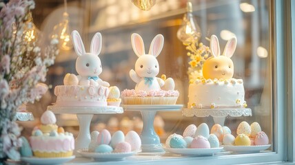 Charming Easter Window Display with Adorable Bunnies and Pastel Eggs, Cozy Bakery Interior with Cakes on Stands