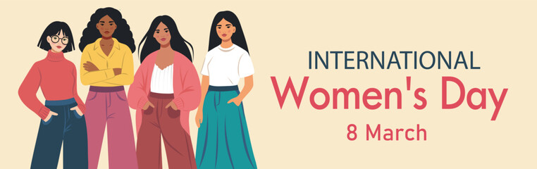 Obraz premium International Women's Day. March 8. Women, girls of different cultures, nationalities and skin colors stand together. Gender equality and women's empowerment. Ideal for women's projects