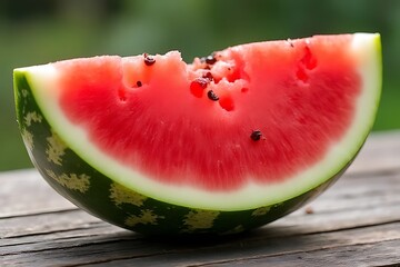  slice of watermelon with seeds sits on a wooden surface