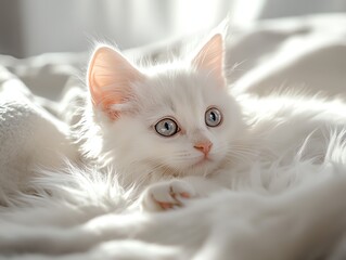 Obraz premium White Kitten Resting on Fluffy Blanket with Bright Eyes Looking Sideways
