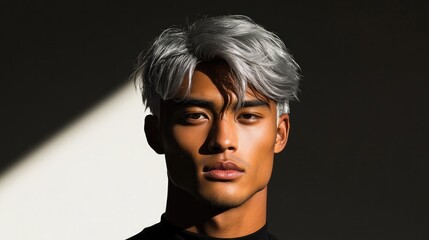 Striking portrait showcasing unique silver hair and expressive f