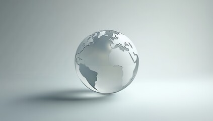 Fototapeta premium Elegant Glass Globe Reflection on Soft Gray Surface, Symbolizing Global Connectivity, Travel, and Geography for Business and Education Use