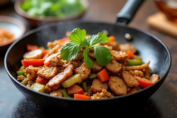 Steaming stir-fry featuring sliced meat, colorful vegetables, and fresh herbs in a pan.