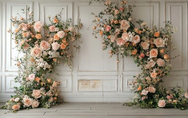 Naklejka premium Photography backdrop featuring delicate floral arrangements, vintage wall with soft textures, elegant atmosphere for maternity or wedding photography session