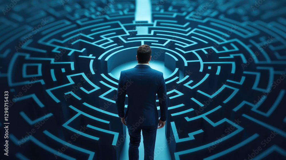 Poster businessman navigating abstract maze of arrows towards clear exit symbolizing strategic planning and