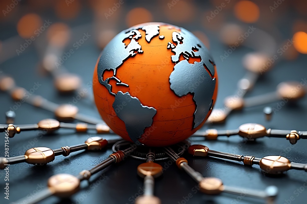 Poster stylized globe sits at the center of a network of metallic arms, symbolizing global connectivity.